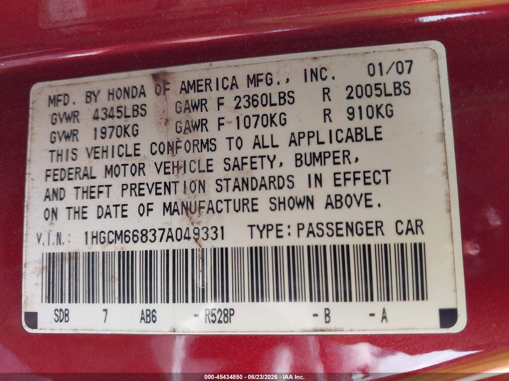 1HGCM66837A049331 2007 HONDA ACCORD photo no. 9