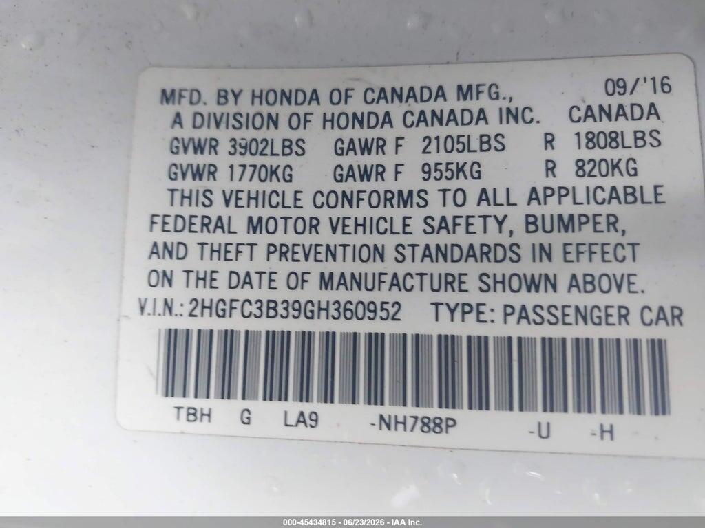 2HGFC3B39GH360952 2016 HONDA CIVIC photo no. 9