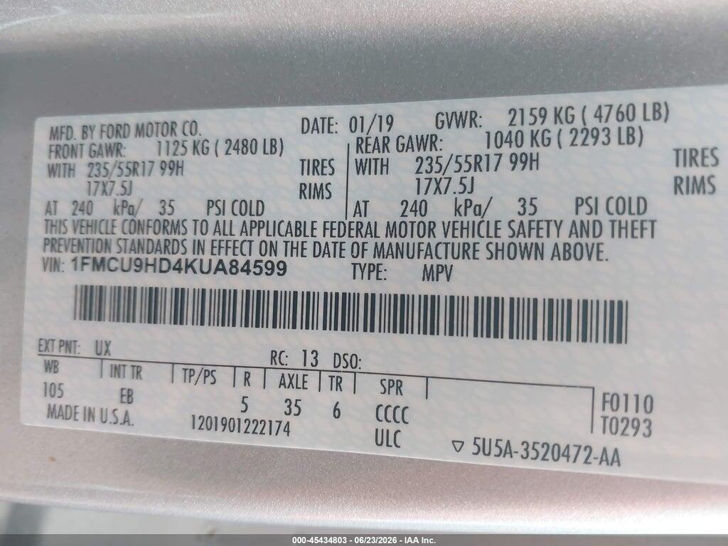 1FMCU9HD4KUA84599 2019 FORD ESCAPE photo no. 9