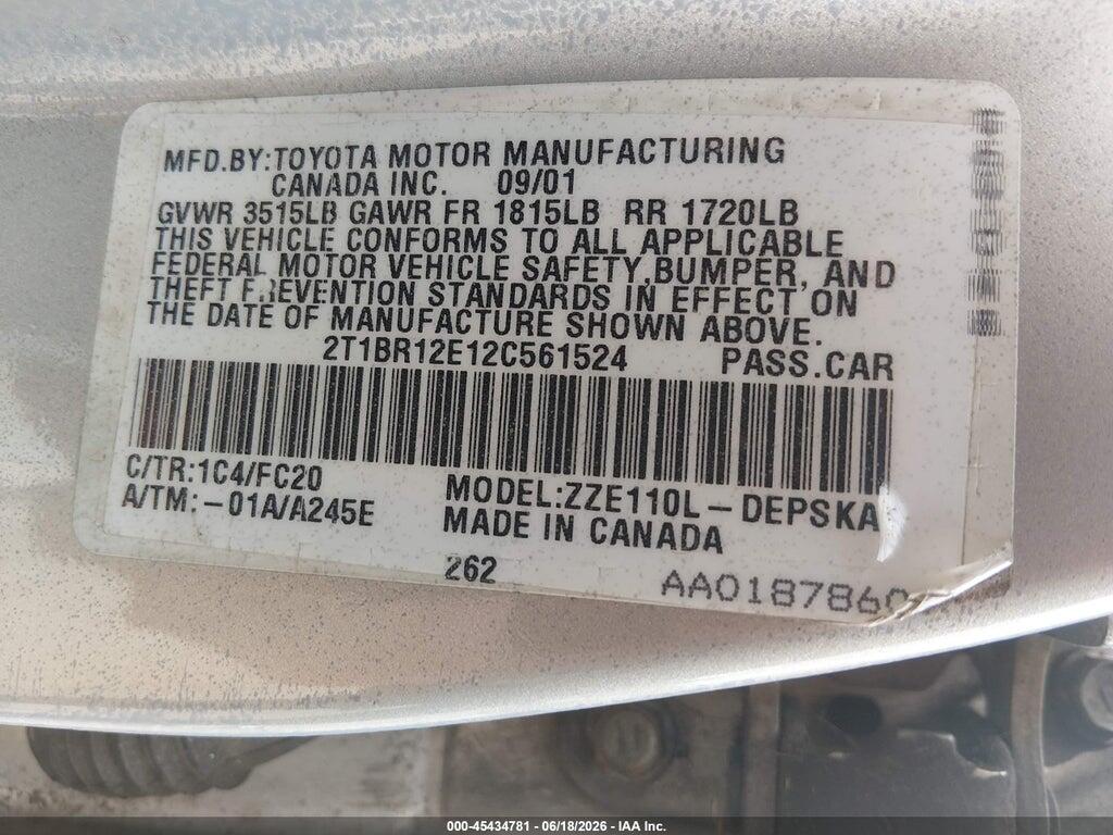 2T1BR12E12C561524 2002 TOYOTA COROLLA photo no. 9