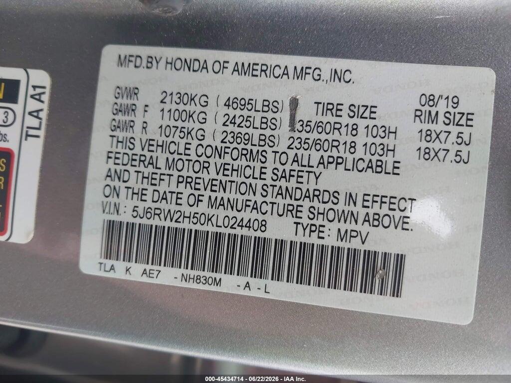 5J6RW2H50KL024408 2019 HONDA CR-V photo no. 9