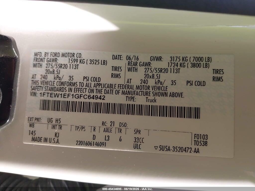 1FTEW1EF1GFC64942 2016 FORD F-150 photo no. 9