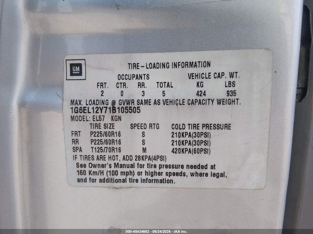 1G6EL12Y71B105505 2001 CADILLAC ELDORADO photo no. 9