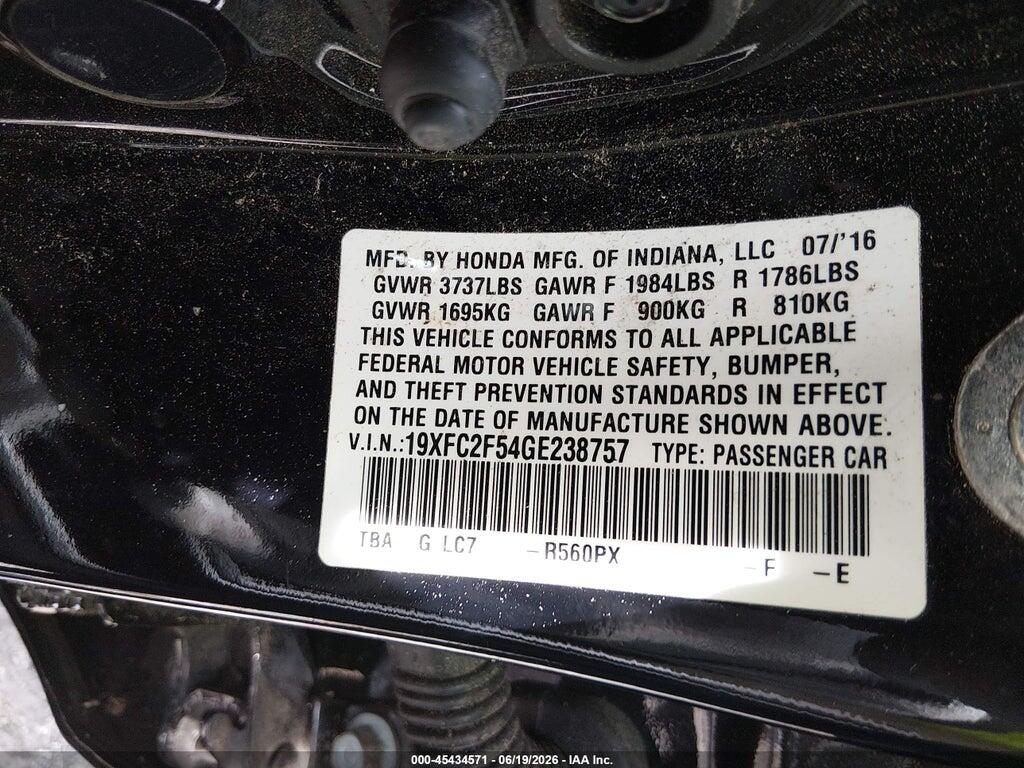 19XFC2F54GE238757 2016 HONDA CIVIC photo no. 9