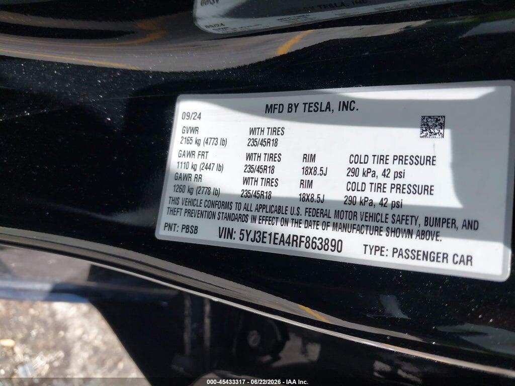 5YJ3E1EA4RF863890 2024 TESLA MODEL 3 photo no. 9