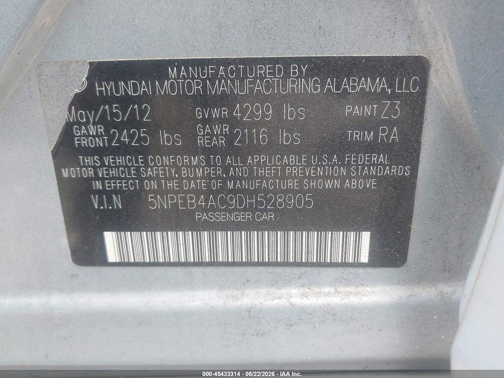 5NPEB4AC9DH528905 2013 HYUNDAI SONATA photo no. 9