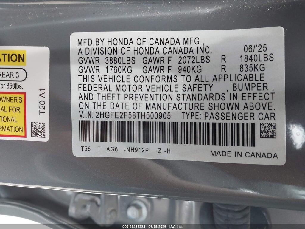 2HGFE2F58TH500905 2026 HONDA CIVIC photo no. 9