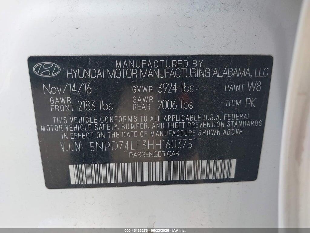 5NPD74LF3HH160375 2017 HYUNDAI ELANTRA photo no. 9