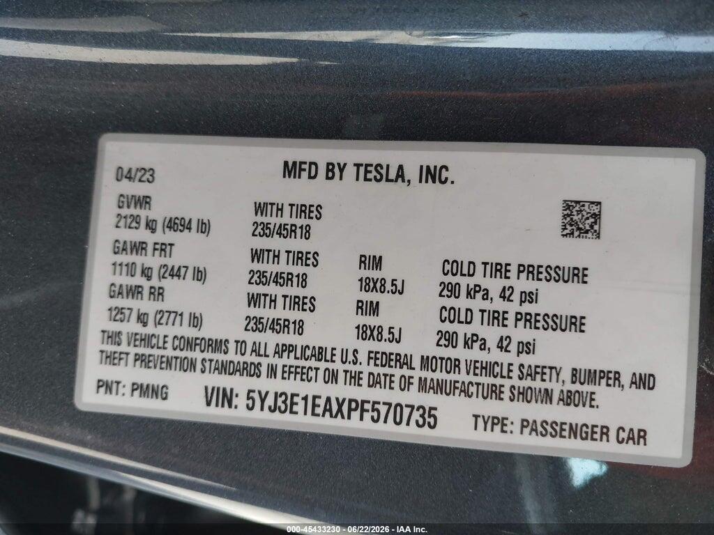 5YJ3E1EAXPF570735 2023 TESLA MODEL 3 photo no. 9