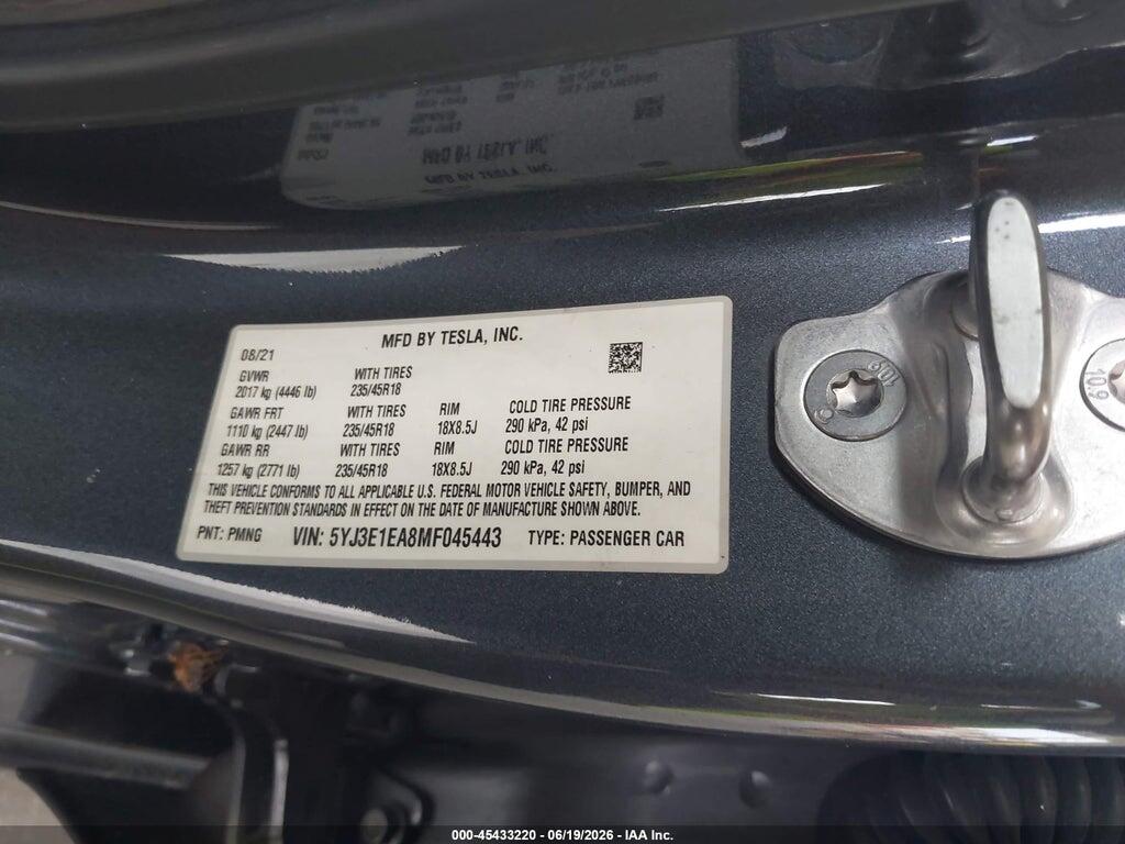 5YJ3E1EA8MF045443 2021 TESLA MODEL 3 photo no. 9
