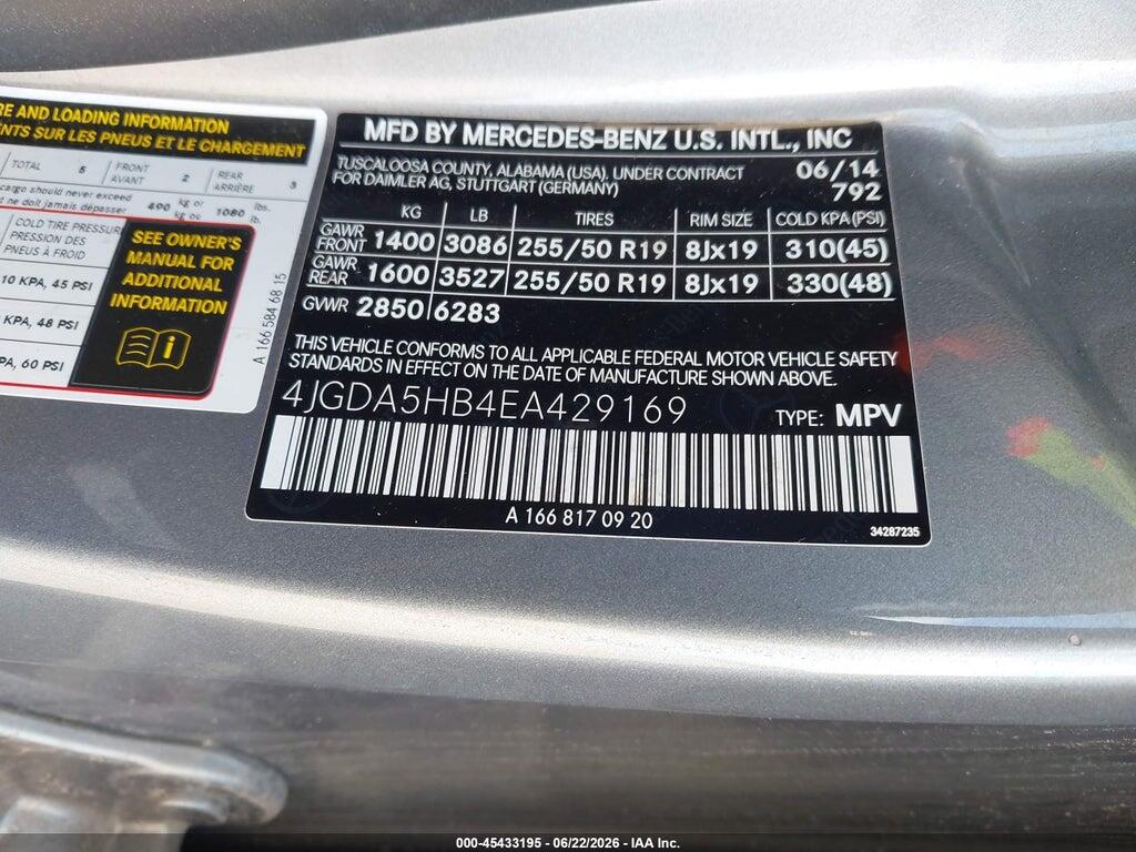 4JGDA5HB4EA429169 2014 MERCEDES-BENZ ML 350 photo no. 9