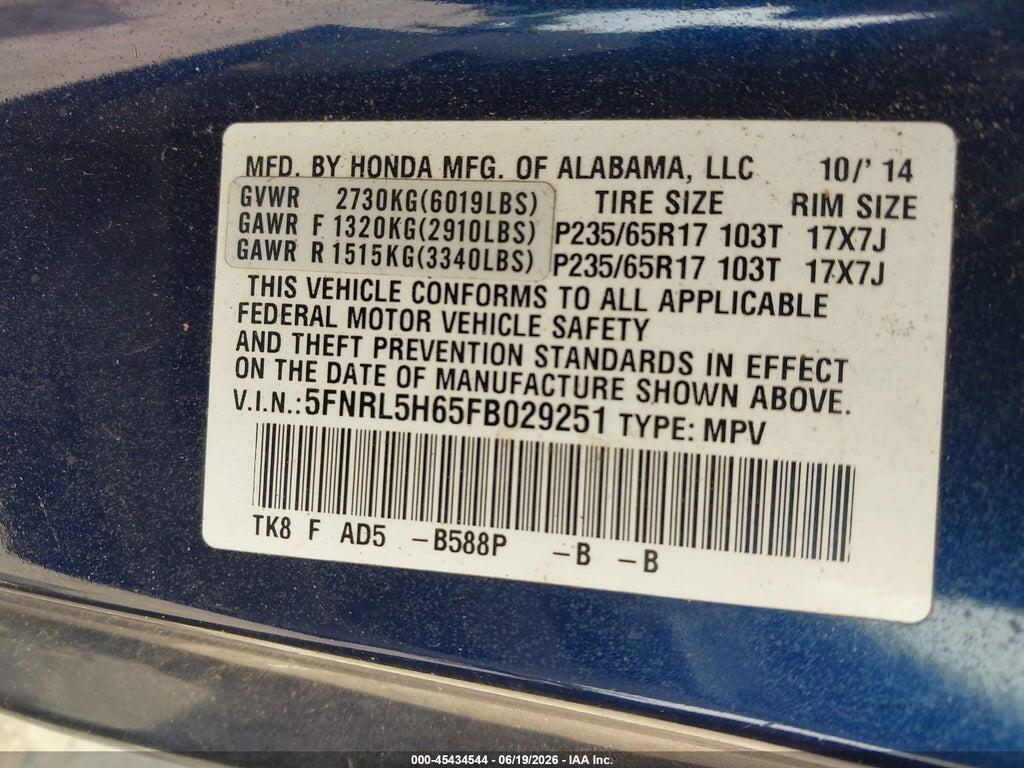 5FNRL5H65FB029251 2015 HONDA ODYSSEY photo no. 9