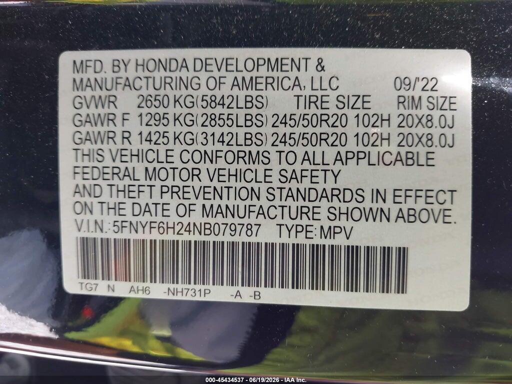 5FNYF6H24NB079787 2022 HONDA PILOT photo no. 9