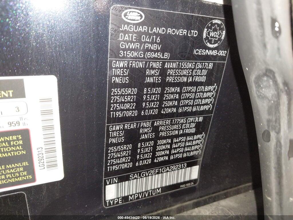 SALGV2EF1GA292313 2016 LAND ROVER RANGE ROVER photo no. 9