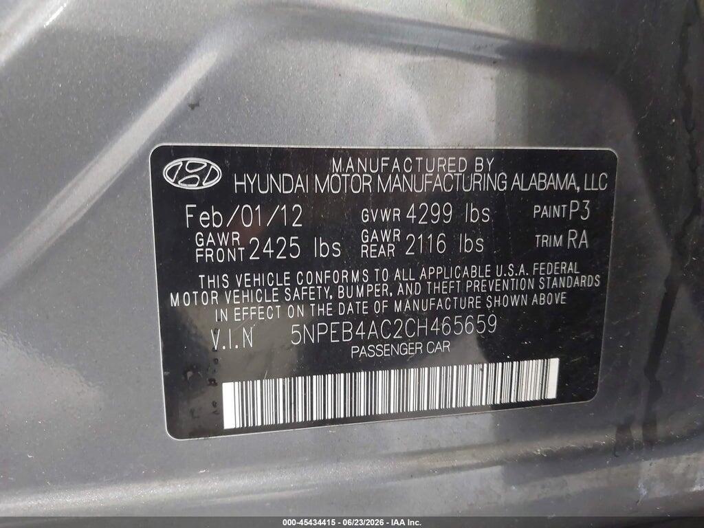 5NPEB4AC2CH465659 2012 HYUNDAI SONATA photo no. 9