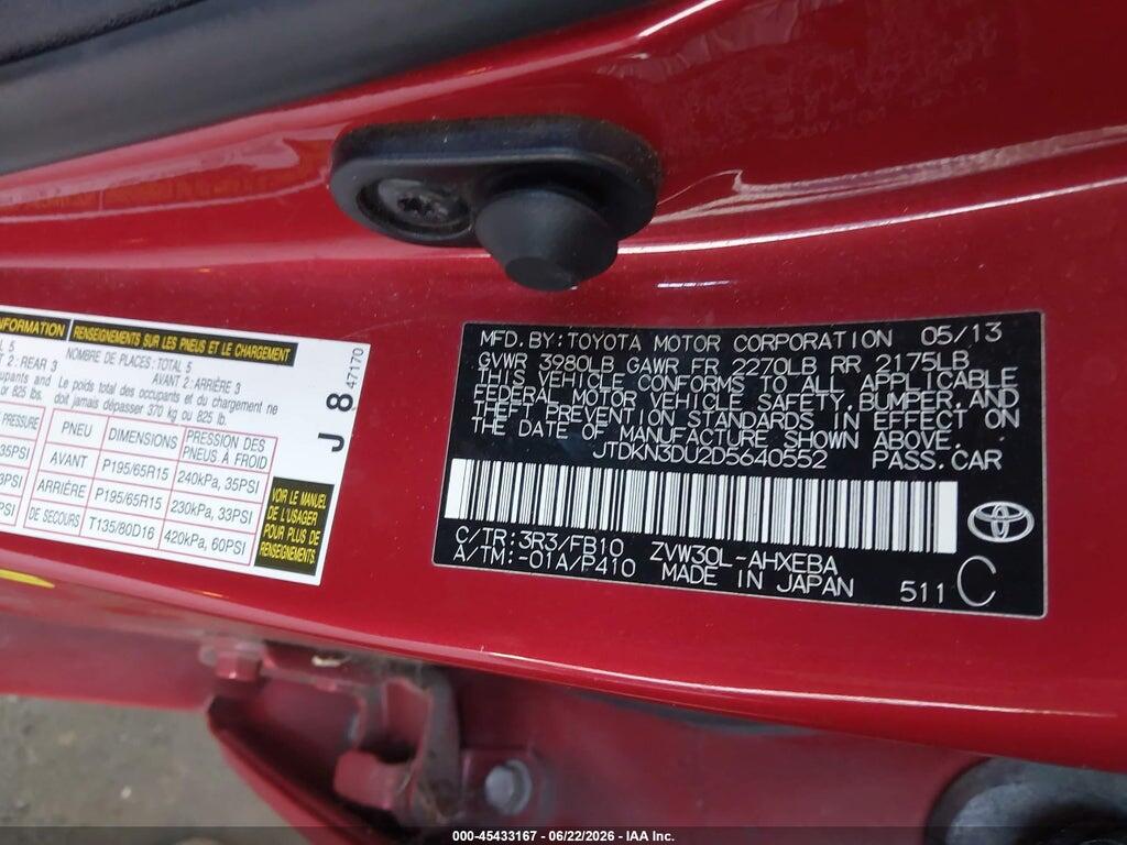 JTDKN3DU2D5640552 2013 TOYOTA PRIUS photo no. 9