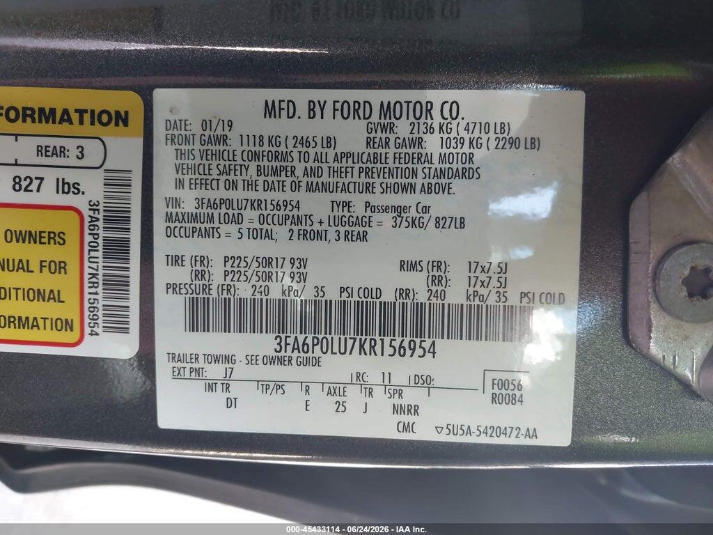 3FA6P0LU7KR156954 2019 FORD FUSION HYBRID photo no. 9