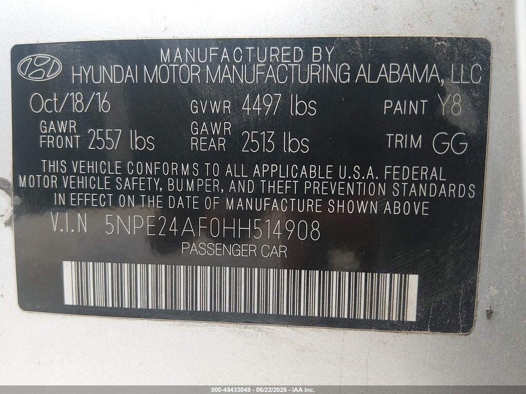 5NPE24AF0HH514908 2017 HYUNDAI SONATA photo no. 9
