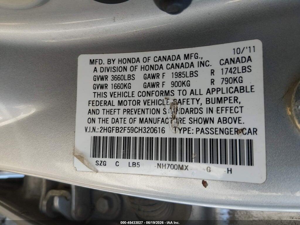 2HGFB2F59CH320616 2012 HONDA CIVIC photo no. 9