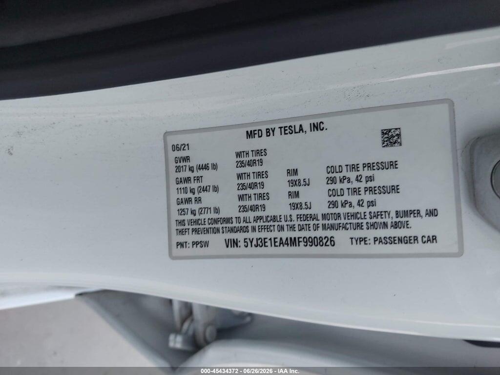 5YJ3E1EA4MF990826 2021 TESLA MODEL 3 photo no. 9