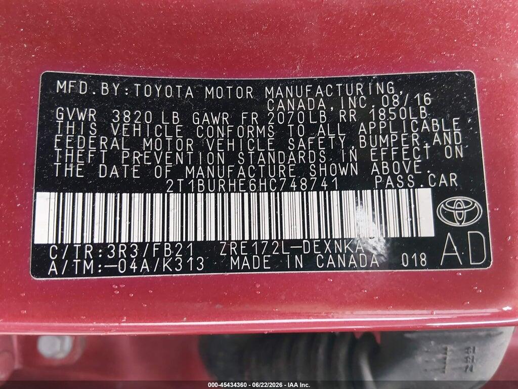 2T1BURHE6HC748741 2017 TOYOTA COROLLA photo no. 9