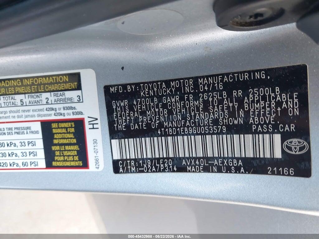 4T1BD1EB9GU053579 2016 TOYOTA AVALON HYBRID photo no. 9