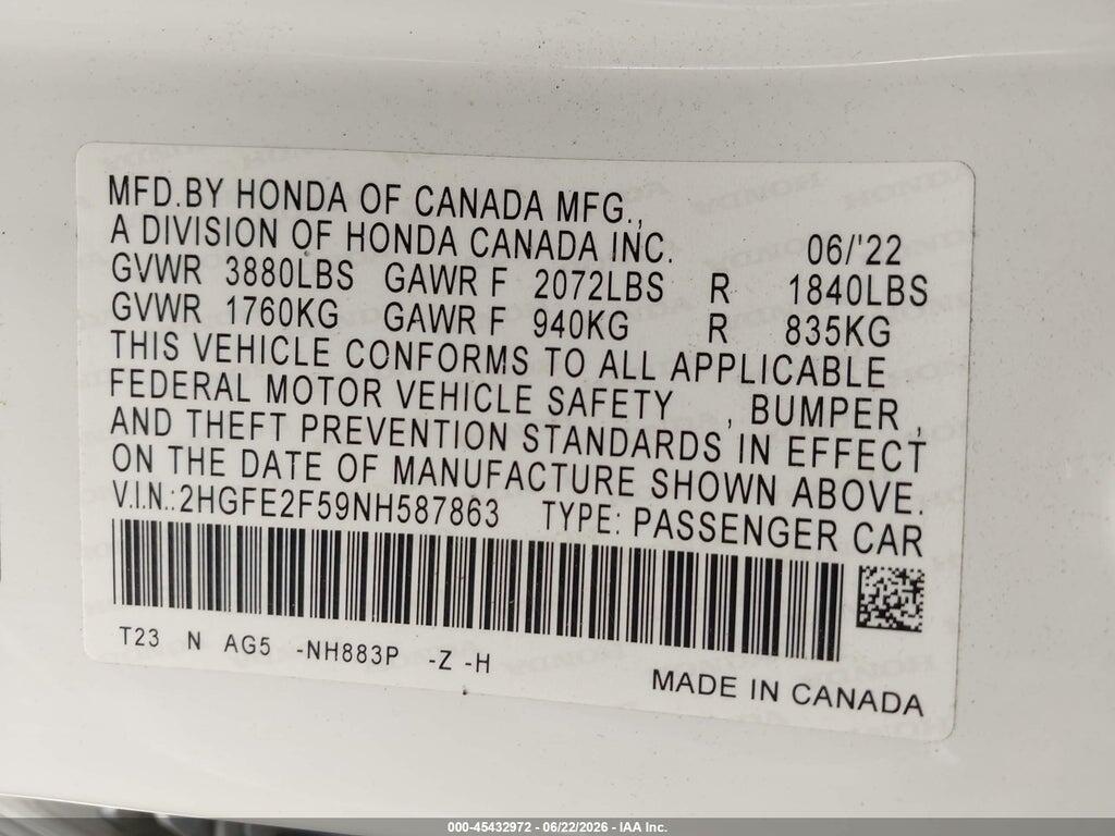 2HGFE2F59NH587863 2022 HONDA CIVIC photo no. 9
