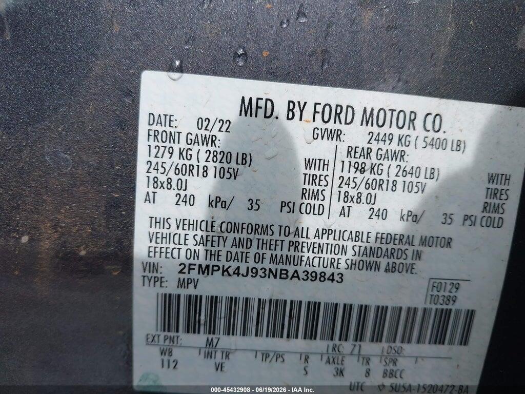2FMPK4J93NBA39843 2022 FORD EDGE photo no. 9