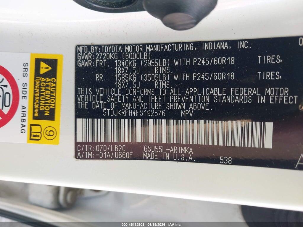 5TDJKRFH4FS192576 2015 TOYOTA HIGHLANDER photo no. 9