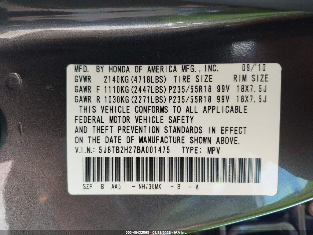 5J8TB2H27BA001475 2011 ACURA RDX photo no. 9