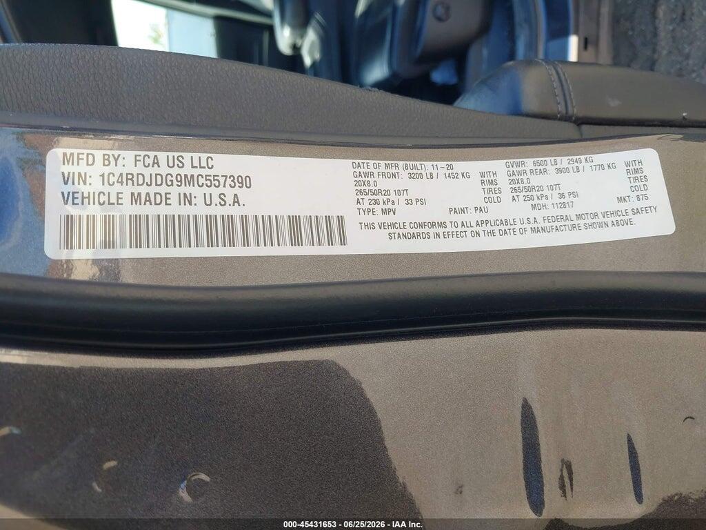 1C4RDJDG9MC557390 2021 DODGE DURANGO photo no. 9