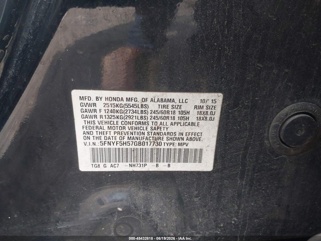 5FNYF5H57GB017730 2016 HONDA PILOT photo no. 9