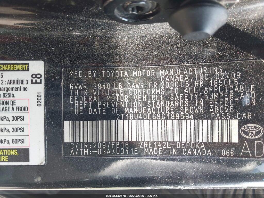 2T1BU40E69C189594 2009 TOYOTA COROLLA photo no. 9