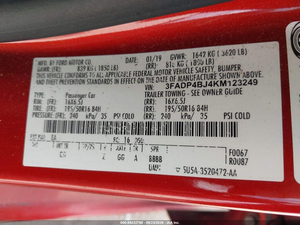 3FADP4BJ4KM123249 2019 FORD FIESTA photo no. 9