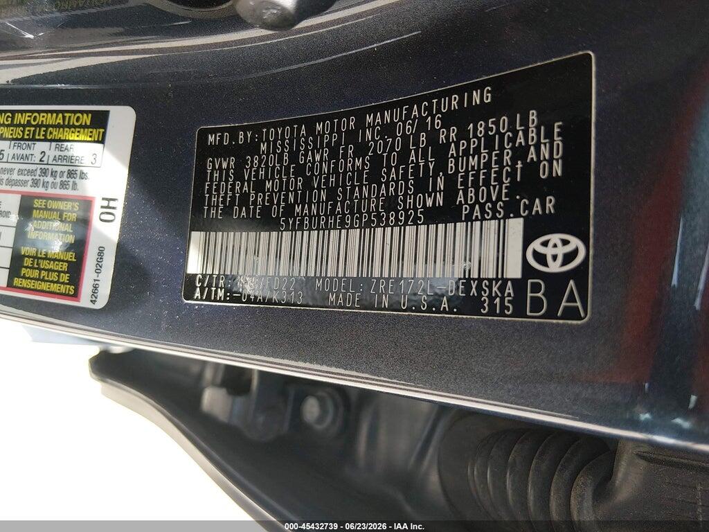 5YFBURHE9GP538925 2016 TOYOTA COROLLA photo no. 9