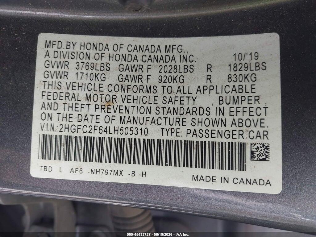 2HGFC2F64LH505310 2020 HONDA CIVIC photo no. 9