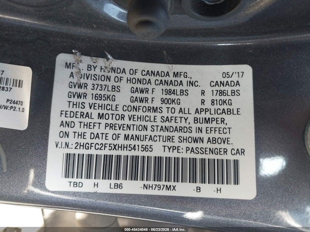 2HGFC2F5XHH541565 2017 HONDA CIVIC photo no. 9