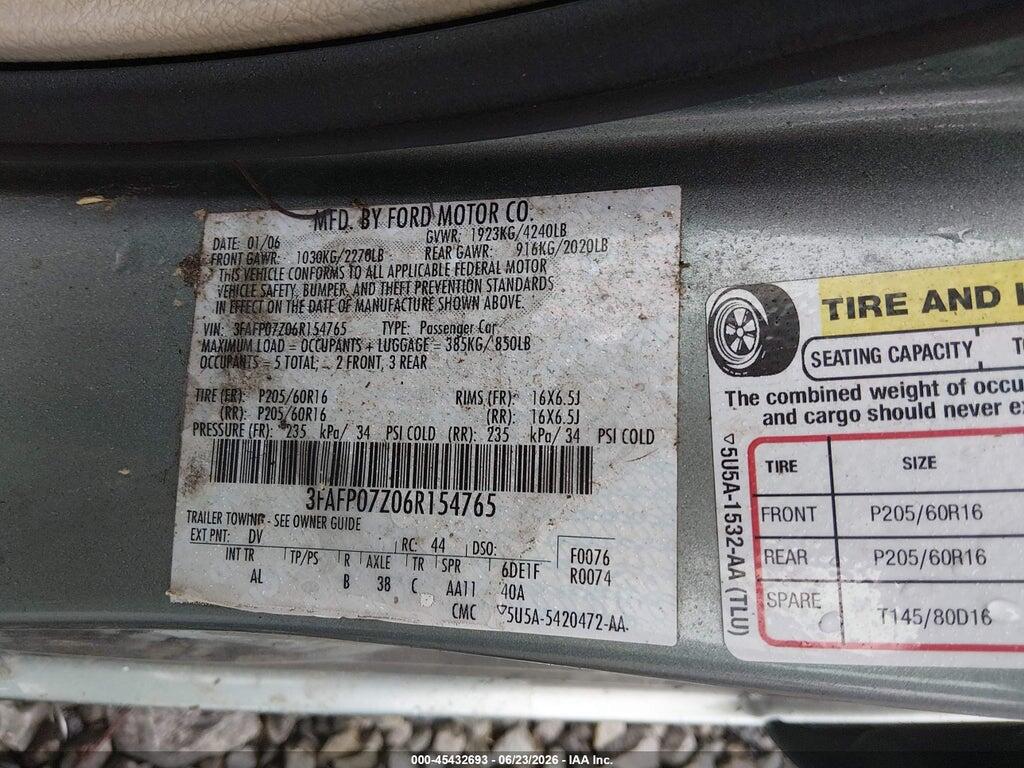 3FAFP07Z06R154765 2006 FORD FUSION photo no. 9