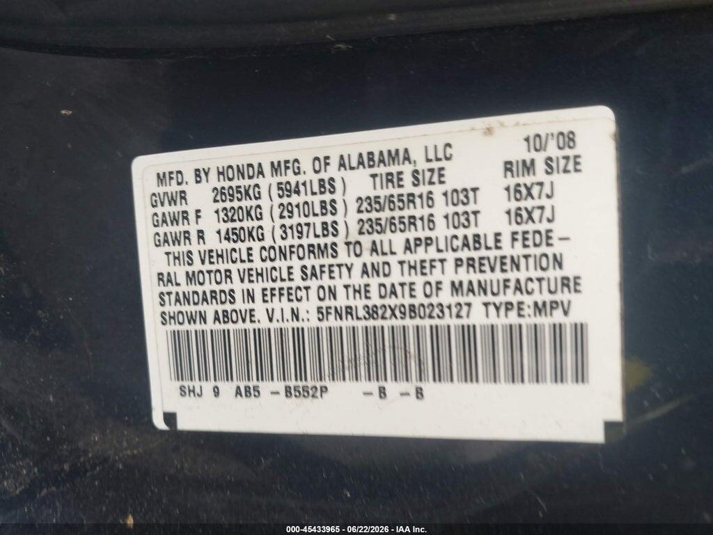 5FNRL382X9B023127 2009 HONDA ODYSSEY photo no. 9