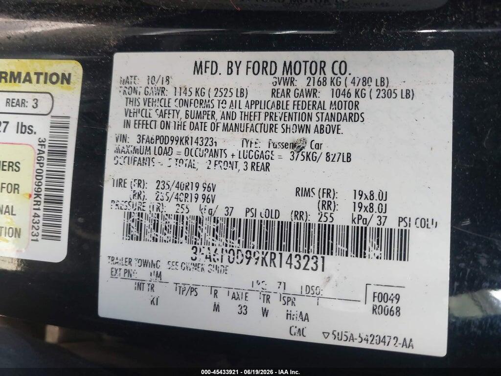 3FA6P0D99KR143231 2019 FORD FUSION photo no. 9