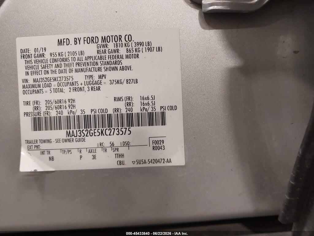 MAJ3S2GE5KC273575 2019 FORD ECOSPORT photo no. 9