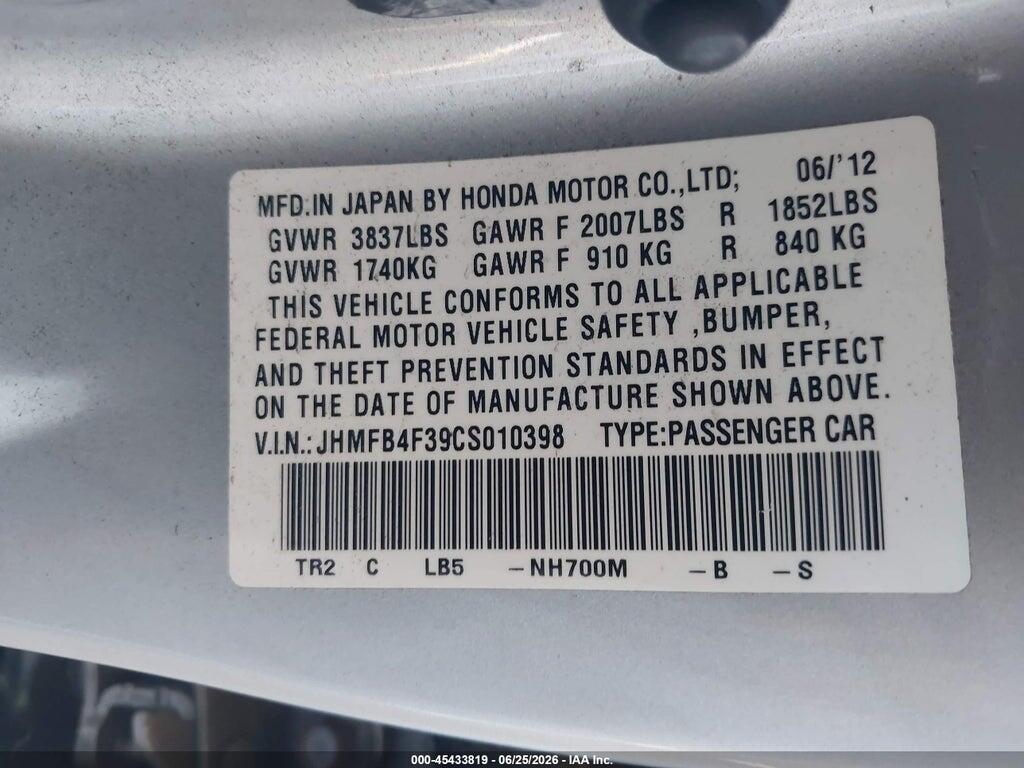 JHMFB4F39CS010398 2012 HONDA CIVIC HYBRID photo no. 9