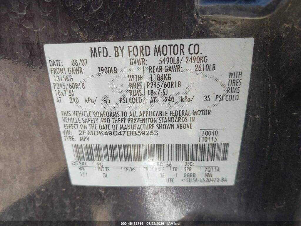 2FMDK49C47BB59253 2007 FORD EDGE photo no. 9