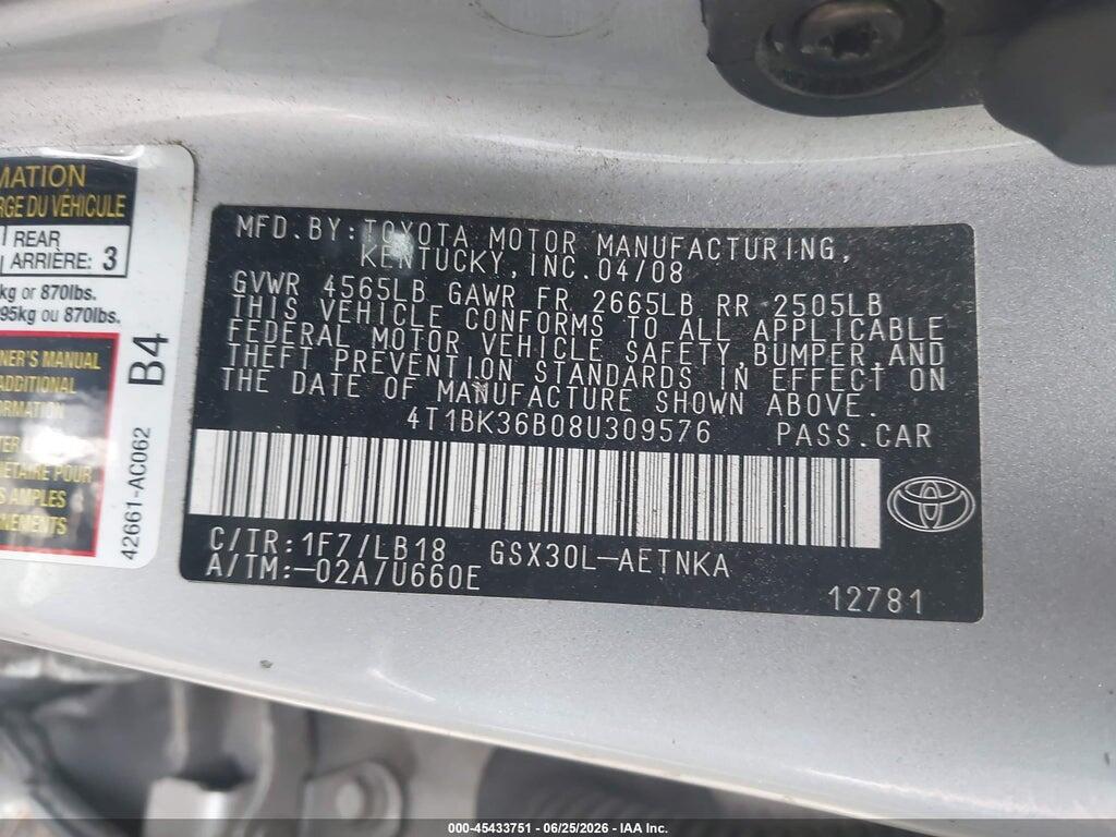 4T1BK36B08U309576 2008 TOYOTA AVALON photo no. 9