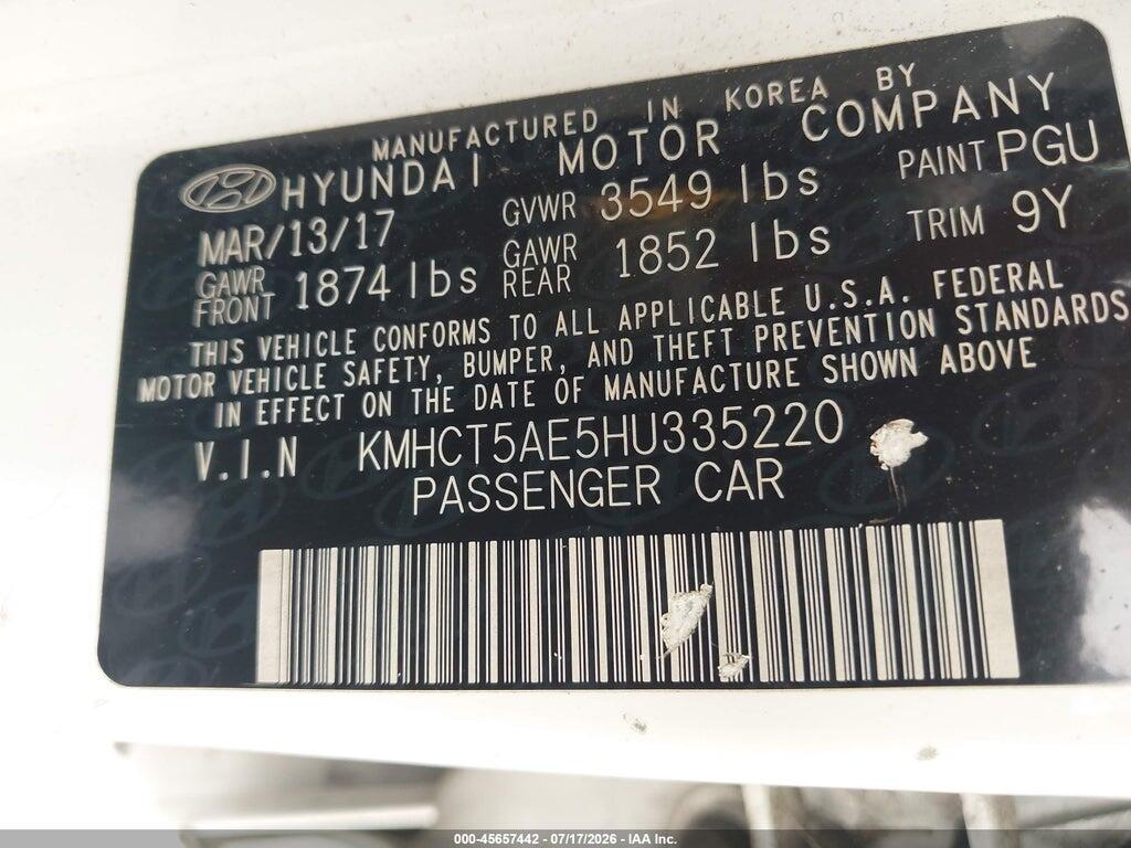 KMHCT5AE5HU335220 2017 HYUNDAI ACCENT photo no. 9