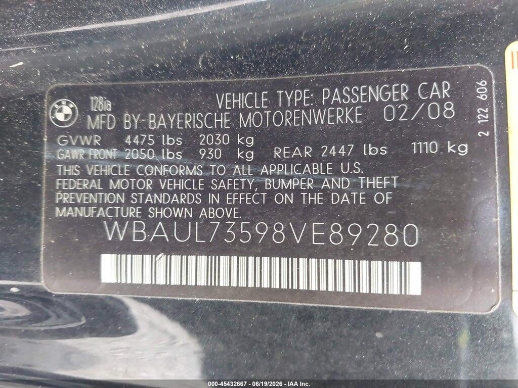 WBAUL73598VE89280 2008 BMW 128I photo no. 9