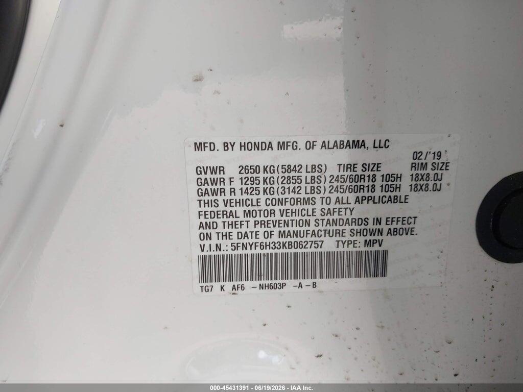 5FNYF6H33KB062757 2019 HONDA PILOT photo no. 9