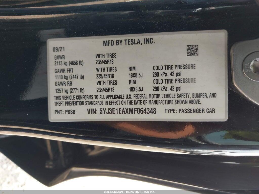 5YJ3E1EAXMF064348 2021 TESLA MODEL 3 photo no. 9