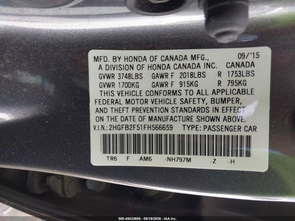 2HGFB2F51FH566659 2015 HONDA CIVIC photo no. 9