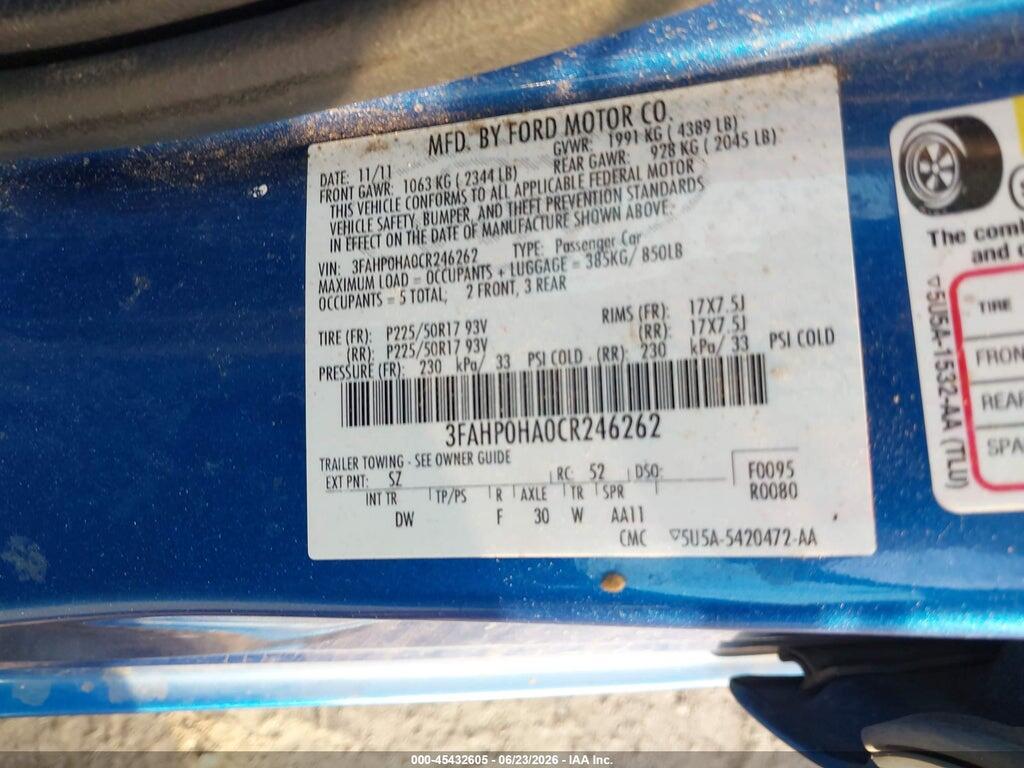 3FAHP0HA0CR246262 2012 FORD FUSION photo no. 9